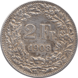 1908 SILVER 2 FRANCS SWITZERLAND - SILVER WORLD COINS - Cambridgeshire Coins