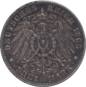 1908 SILVER 3 MARKS GERMANY - SILVER WORLD COINS - Cambridgeshire Coins