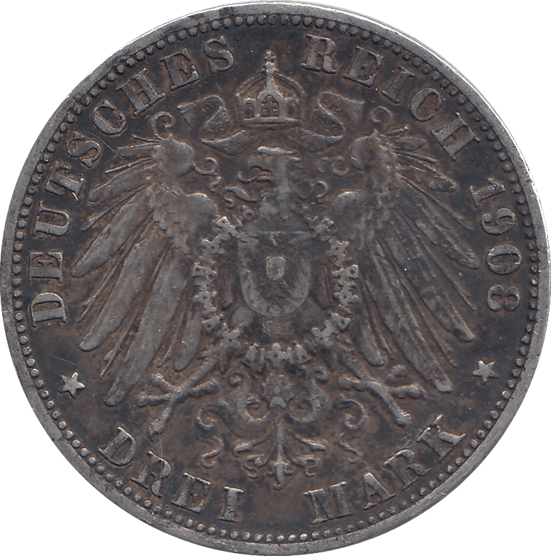 1908 SILVER 3 MARKS GERMANY - SILVER WORLD COINS - Cambridgeshire Coins