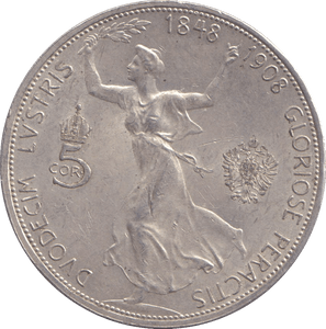 1908 SILVER 5 CORONA AUSTRIA - SILVER WORLD COINS - Cambridgeshire Coins
