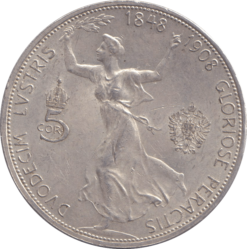 1908 SILVER 5 CORONA AUSTRIA - SILVER WORLD COINS - Cambridgeshire Coins