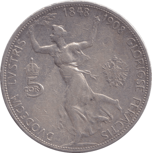 1908 SILVER 5 CORONA AUSTRIA - SILVER WORLD COINS - Cambridgeshire Coins