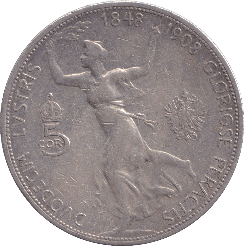 1908 SILVER 5 CORONA AUSTRIA - SILVER WORLD COINS - Cambridgeshire Coins