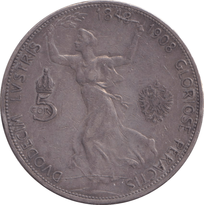 1908 SILVER 5 CORONA AUSTRIA - SILVER WORLD COINS - Cambridgeshire Coins