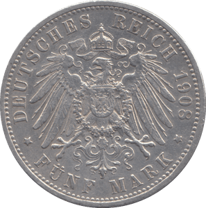 1908 SILVER 5 MARK GERMANY - SILVER WORLD COINS - Cambridgeshire Coins