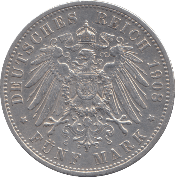 1908 SILVER 5 MARK GERMANY - SILVER WORLD COINS - Cambridgeshire Coins