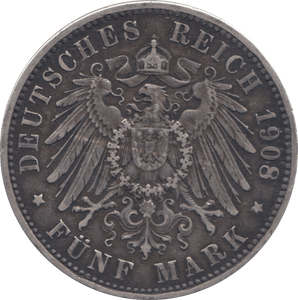 1908 SILVER 5 MARK GERMANY - SILVER WORLD COINS - Cambridgeshire Coins