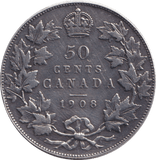 1908 SILVER 50 CENT CANADA - SILVER WORLD COINS - Cambridgeshire Coins
