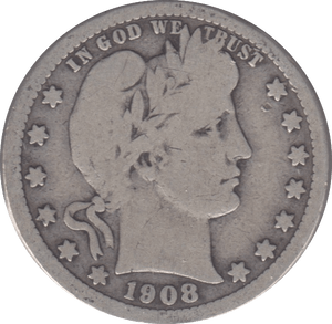 1908 SILVER QUARTER DOLLAR ( USA ) - SILVER WORLD COINS - Cambridgeshire Coins