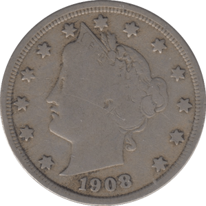 1908 USA FIVE CENTS - SILVER WORLD COINS - Cambridgeshire Coins