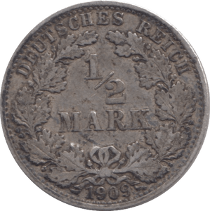 1909 SILVER 1/2 MARK GERMANY - SILVER WORLD COINS - Cambridgeshire Coins