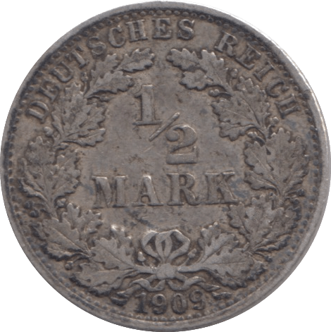 1909 SILVER 1/2 MARK GERMANY - SILVER WORLD COINS - Cambridgeshire Coins