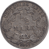 1909 SILVER 1/2 MARK GERMANY - SILVER WORLD COINS - Cambridgeshire Coins