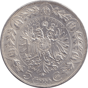 1909 SILVER 5 CORONA AUSTRIA - SILVER WORLD COINS - Cambridgeshire Coins