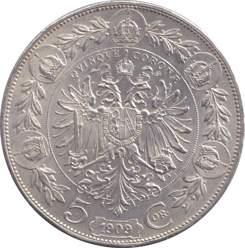 1909 SILVER 5 CORONA AUSTRIA - SILVER WORLD COINS - Cambridgeshire Coins