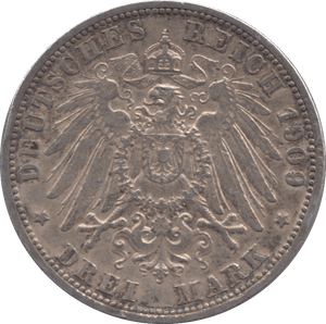 1909 SILVER GERMANY THREE MARKS 1 - SILVER WORLD COINS - Cambridgeshire Coins
