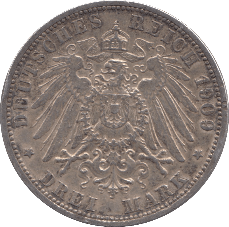 1909 SILVER GERMANY THREE MARKS 1 - SILVER WORLD COINS - Cambridgeshire Coins
