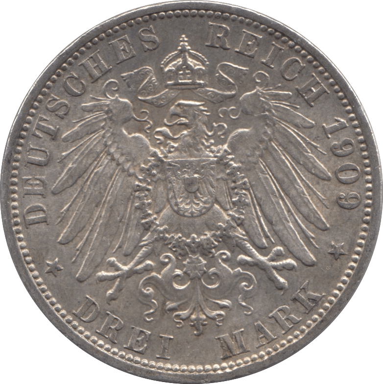 1909 SILVER GERMANYTHREE MARKS 2 - SILVER WORLD COINS - Cambridgeshire Coins