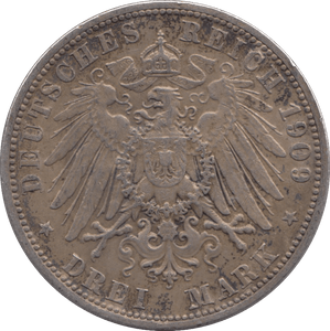 1909 SILVER GERMANYTHREE MARKS 3 - SILVER WORLD COINS - Cambridgeshire Coins
