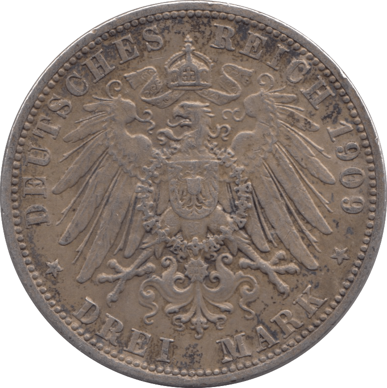 1909 SILVER GERMANYTHREE MARKS 3 - SILVER WORLD COINS - Cambridgeshire Coins