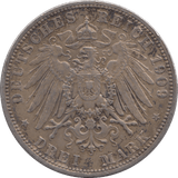 1909 SILVER GERMANYTHREE MARKS 3 - SILVER WORLD COINS - Cambridgeshire Coins