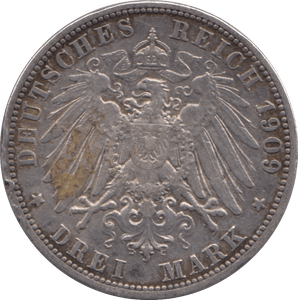 1909 SILVER GERMANYTHREE MARKS 4 - SILVER WORLD COINS - Cambridgeshire Coins