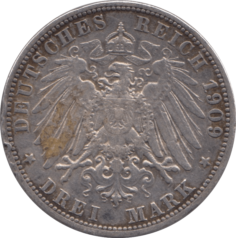 1909 SILVER GERMANYTHREE MARKS 4 - SILVER WORLD COINS - Cambridgeshire Coins