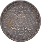 1909 SILVER GERMANYTHREE MARKS 4 - SILVER WORLD COINS - Cambridgeshire Coins