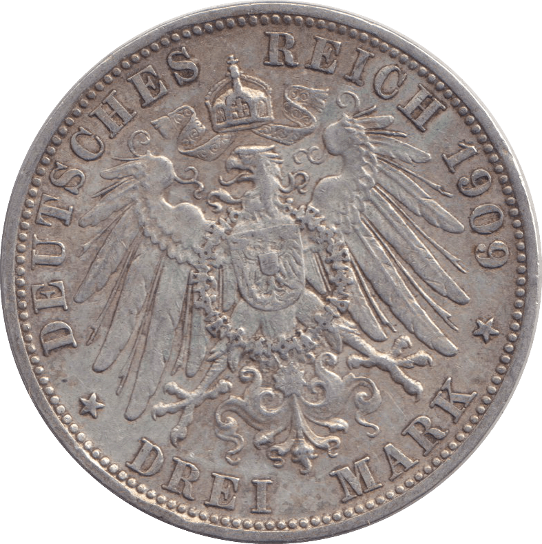 1909 THREE MARK BAVARIA - SILVER WORLD COINS - Cambridgeshire Coins