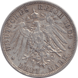 1909 THREE MARK BAVARIA - SILVER WORLD COINS - Cambridgeshire Coins