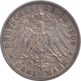 1909 THREE MARK BERLIN A - SILVER WORLD COINS - Cambridgeshire Coins