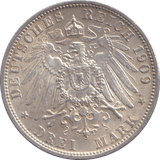 1909 THREE MARK BERLIN A - SILVER WORLD COINS - Cambridgeshire Coins