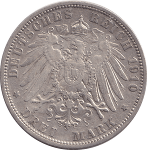 1910 SILVER 3 MARKS PRUSSIA - SILVER WORLD COINS - Cambridgeshire Coins