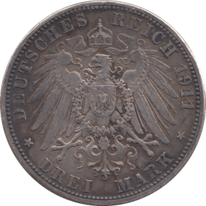 1911 SILVER 3 MARKS GERMANY - SILVER WORLD COINS - Cambridgeshire Coins
