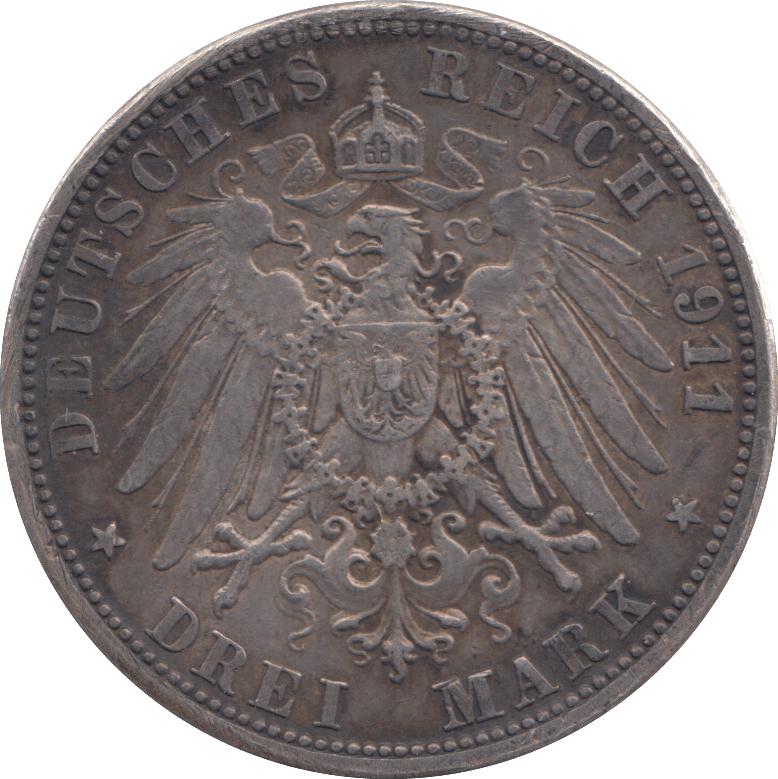 1911 SILVER 3 MARKS GERMANY - SILVER WORLD COINS - Cambridgeshire Coins