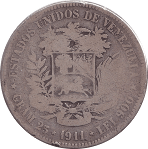 1911 SILVER 5 BOLIVARES VENEZUELA - SILVER WORLD COINS - Cambridgeshire Coins