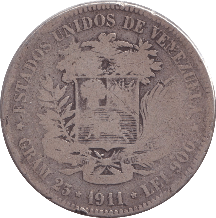 1911 SILVER 5 BOLIVARES VENEZUELA - SILVER WORLD COINS - Cambridgeshire Coins