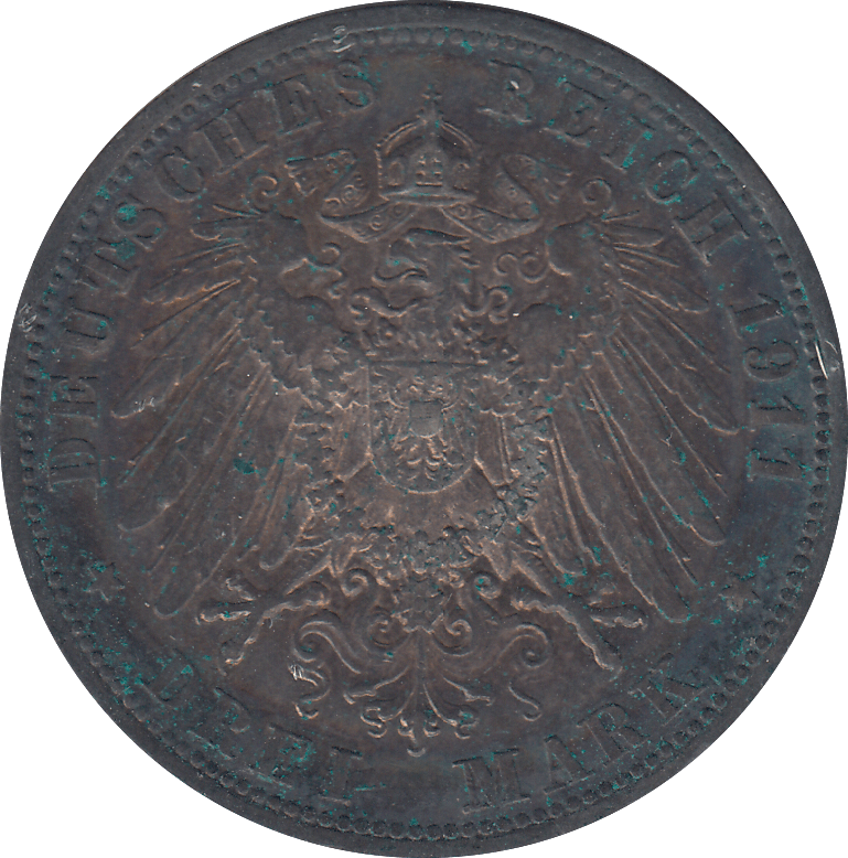 1911 SILVER PRUSSIA 3 MARK - SILVER WORLD COINS - Cambridgeshire Coins