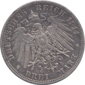 1911 SILVER PRUSSIA 3 MARK - SILVER WORLD COINS - Cambridgeshire Coins