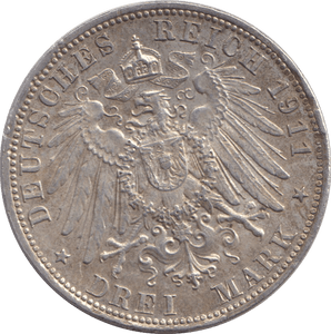 1911 THREE MARK BAVARIA MUNICH - SILVER WORLD COINS - Cambridgeshire Coins