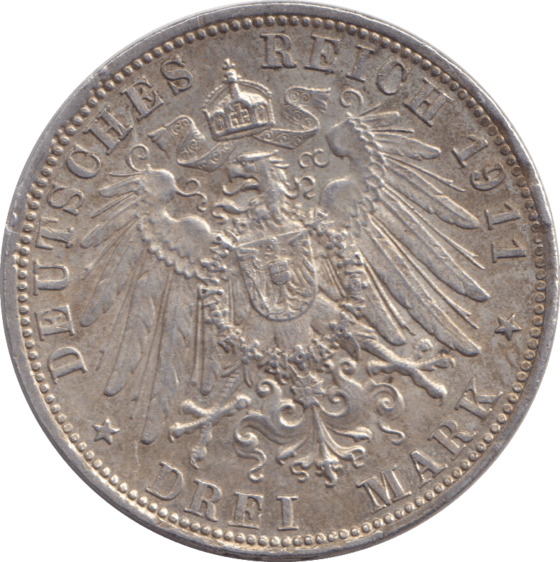 1911 THREE MARK BAVARIA MUNICH - SILVER WORLD COINS - Cambridgeshire Coins