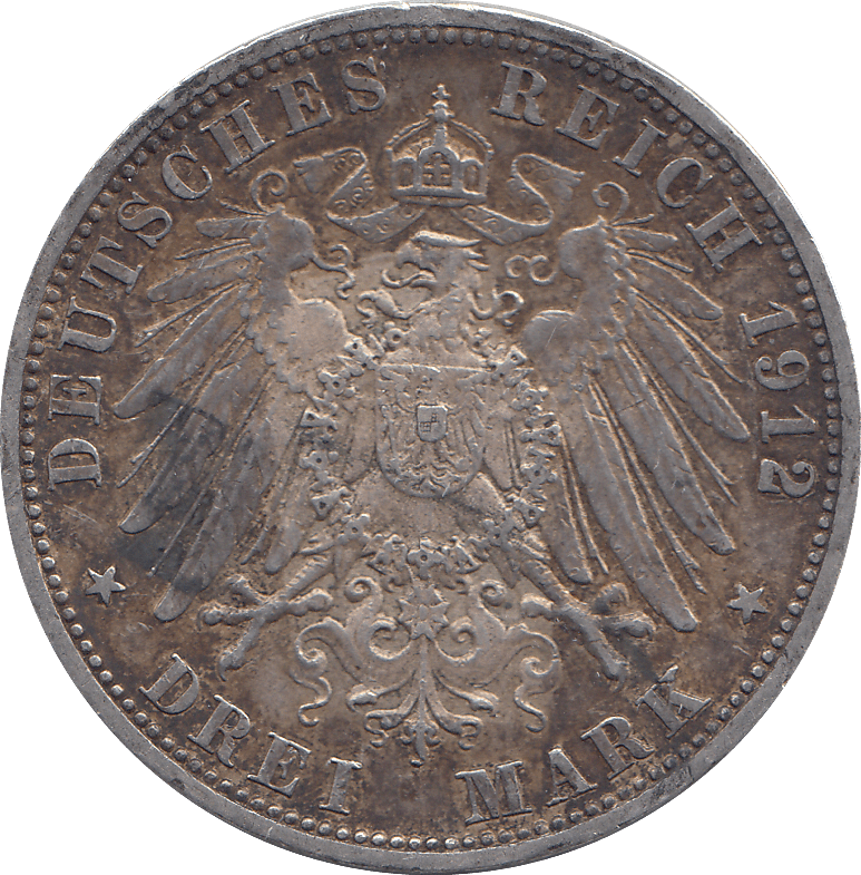 1912 SILVER 3 MARKS GERMANY - SILVER WORLD COINS - Cambridgeshire Coins
