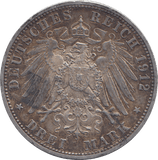 1912 SILVER 3 MARKS GERMANY - SILVER WORLD COINS - Cambridgeshire Coins