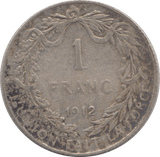 1912 SILVER ONE FRANC BELGIUM - SILVER WORLD COINS - Cambridgeshire Coins