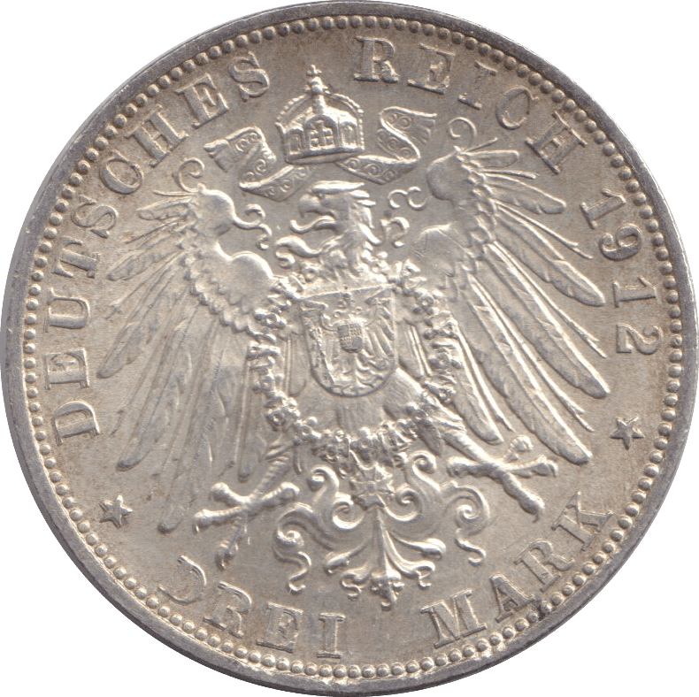 1912 THREE MARK BAVARIA - SILVER WORLD COINS - Cambridgeshire Coins