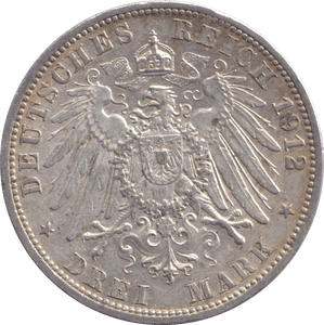 1912 THREE MARK BERLIN - SILVER WORLD COINS - Cambridgeshire Coins