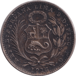 1913 SILVER 1/5 SOL PERU - SILVER WORLD COINS - Cambridgeshire Coins