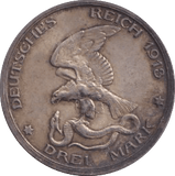 1913 SILVER GERMANY 3 MARK - SILVER WORLD COINS - Cambridgeshire Coins