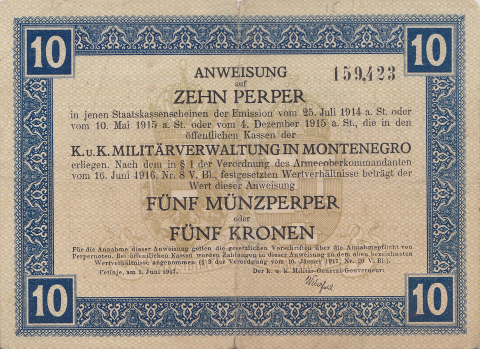1917 AUSTRIAN ARMY BANKNOTE 10 PERPER REF 712 - World Banknotes - Cambridgeshire Coins