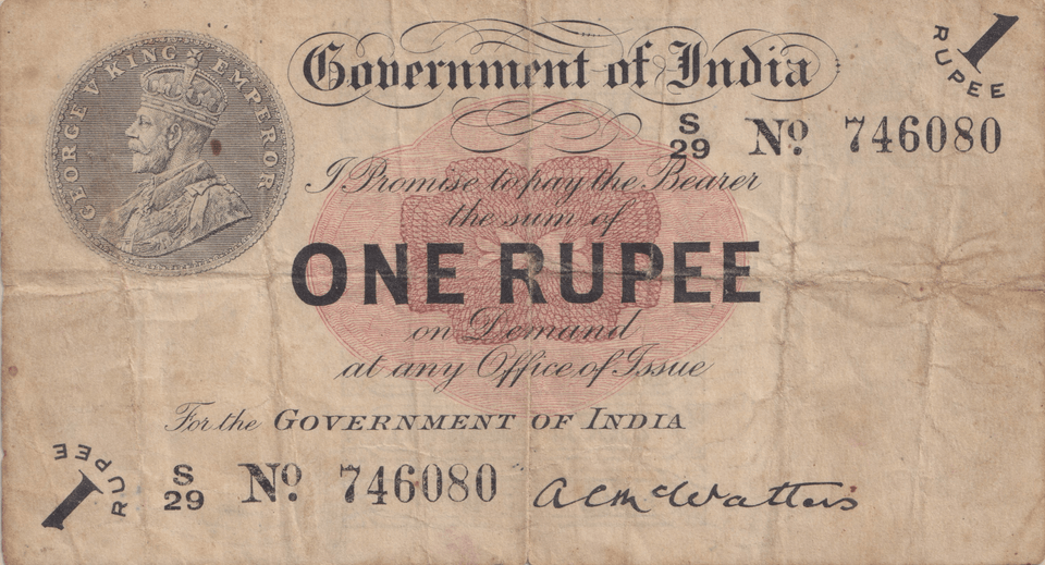 1917 ONE RUPEE INDIA SCARCE BANKNOTE REF-1814 - WORLD BANKNOTES - Cambridgeshire Coins